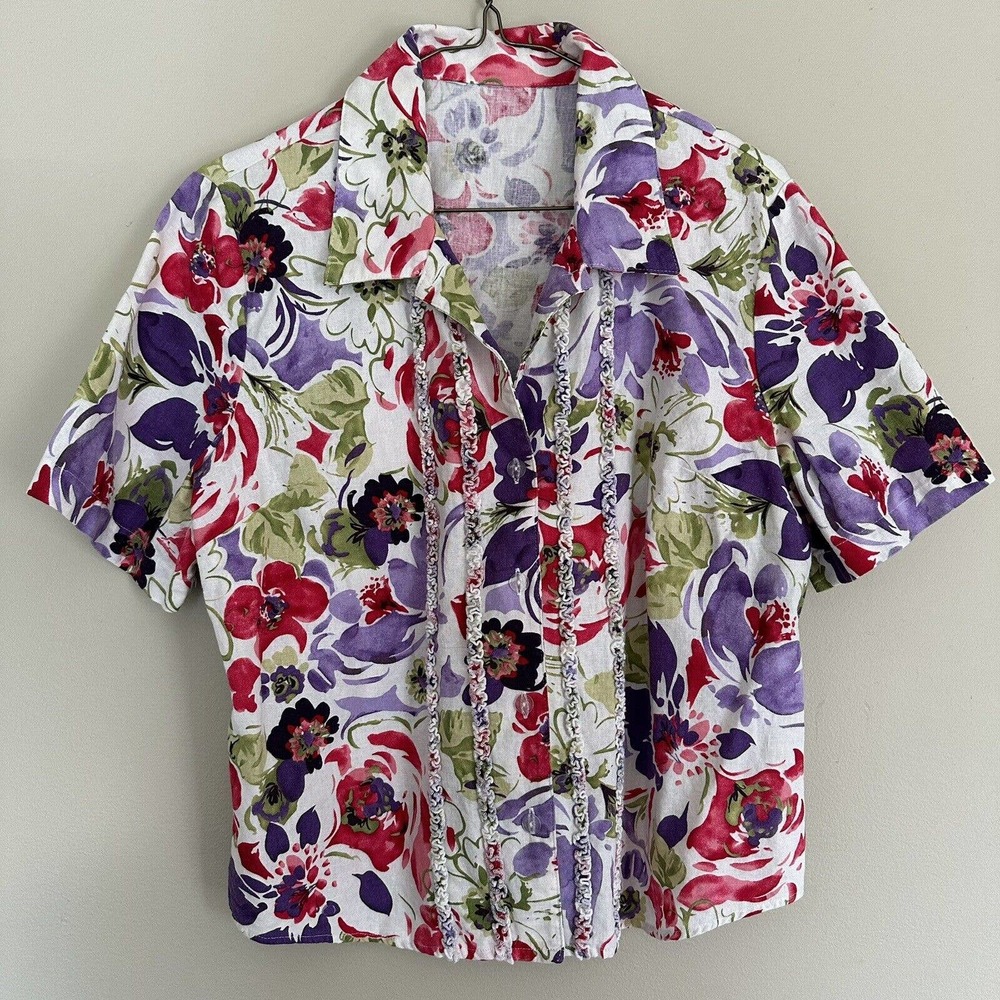 Linen Floral Summer Shirt Blouse Button Down Pink Purple Flowers Size M-L